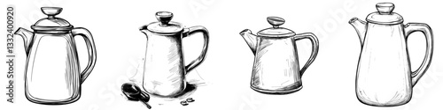 A modern glass teapot filled with coffee is depicted in a black outline style, isolated against a white background in a doodle design