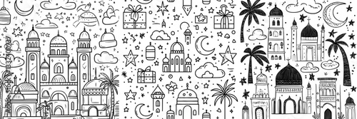 This hand-drawn doodle Ramadan pattern in monochrome is seamless and ideal for wrapping paper or scrapbooking