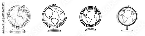A hand-drawn illustration of a school globe on a stand, used for educational purposes in studying geography, isolated on a white background in black and white