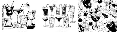 Modern hand drawn illustration of a set of sketch cocktails and alcohol drinks
