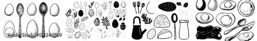 Simple illustration of boiled and fresh eggs, featuring outline icons of cracked and broken quail eggs and chicken eggs in a cardboard box and bowl
