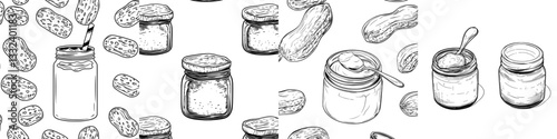 A seamless pattern of peanuts butter is depicted in hand drawn sketches on a white background