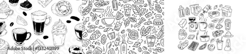 A comprehensive collection of manually drawn coffee doodles features an assortment of beverages, sweet treats, coffee beans, and various related items, all presented in a contemporary sketch style