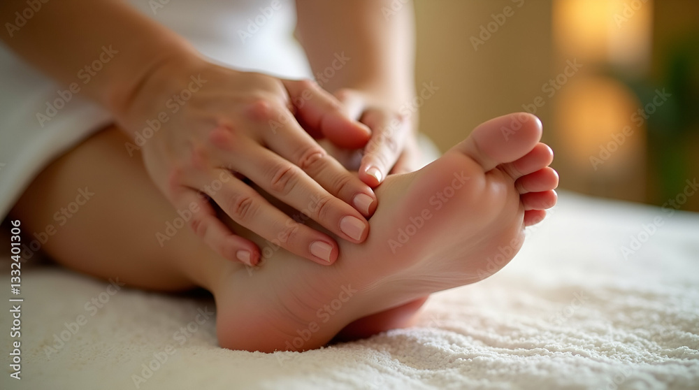 Naklejka premium Close up woman doing foot massage at spa illustrating relaxation and wellness treatments concept as Close up of a woman receiving a foot massage at a spa illustrating relaxation and wellness treatment