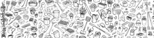 A seamless monochrome pattern featuring hand-drawn garden tools, including a watering can, boots, shovels, and seeds, in a contour style, set against a white background with black line art elements,