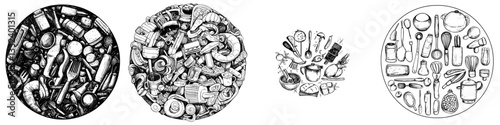 A contemporary circular backdrop featuring kitchen utensils, comprised of hand-drawn doodles of various cooking equipment, suitable for inclusion in restaurant menus, recipe books, and wallpapers
