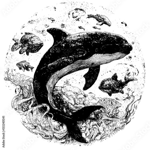 Collection of manually illustrated ocean creatures and vegetation arranged in a circular formation