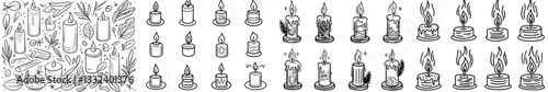 A hand-drawn modern illustration of candles in doodle style, suitable for Christmas or birthday designs, featuring a simple contour drawing for an icon or logo on a white isolated background with a