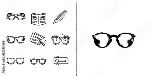 A hand-drawn doodle style depiction of glasses is presented in a modern and minimalist monochrome design