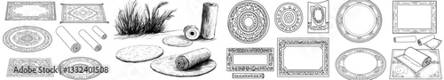 Modern isolated illustration of a black and white graphic carpet set in a sketch