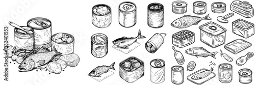A set of metal cans, jars, and containers is depicted in a hand-drawn modern sketch illustration of food in tins, used as design elements for a grocery supermarket