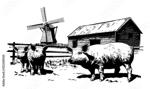A farm with pigs is depicted in a countryside view, presented as a modern hand drawn engraving illustration