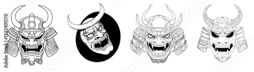 Japanese samurai demon of mythological origins, depicted in monochrome illustration