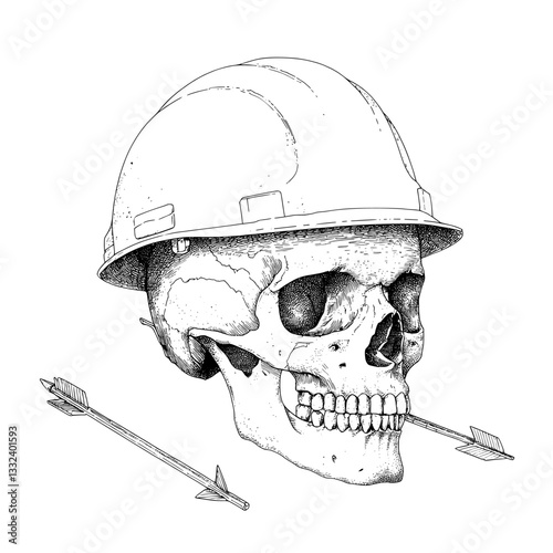 A monochrome illustration of a skull wearing a construction hard hat and accompanied by a vintage hunting arrow, suitable for labels, signs, or emblems