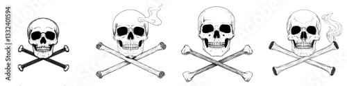 A skull smoking a cigar or cigarette is surrounded by smoke and paired with a crossed metal ax featuring a wooden handle, symbolizing a tool used in woodworking or lumberjack professions