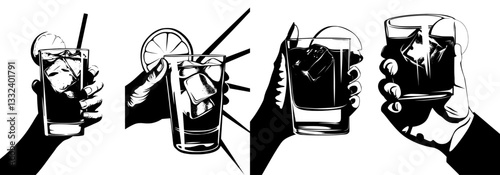 A modern spot illustration of summer refreshment, featuring a 2D cartoon hand holding a straw cocktail glass with ice in a flat line monochromatic style, ideal for web UI design as an editable