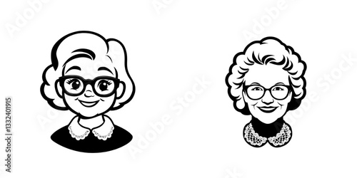 A vintage woodcut engraving style illustration represents a grandma through its logo symbol
