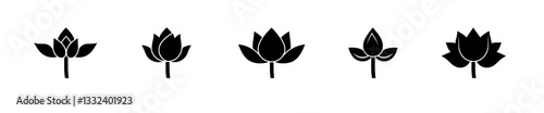 Lotus flowers, black silhouettes, and contour drawings of lotuses isolated on a white background; a set of modern illustrations