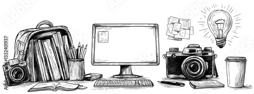 This modern illustration features a set of office work doodles, including a computer, work desk, and notebook, all created in a hand-drawn style, suitable for business and school applications