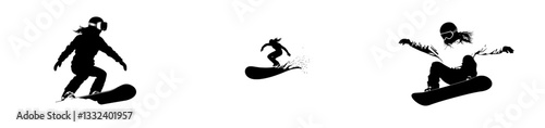 Monochrome illustration showing a man on a snowboard
