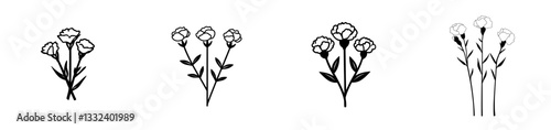 Modern isolated simple carnation bouquet boutonnière with two carnations and a twig, presented in a colorless black and white contour line style, making it easy to draw