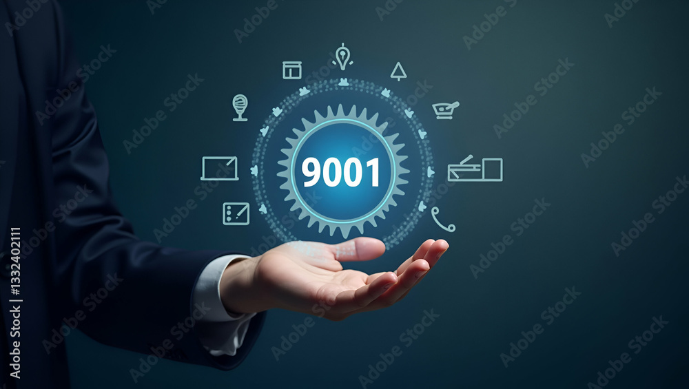 Fototapeta premium Engaging with Holographic ISO 9001 Certification: Quality Management Icons