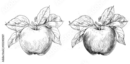 The provided modern graphic is a monochrome, hand-drawn, antique illustration set featuring vintage and retro woodcut, linocut, engraving, and gravure sketches of an apple, capable of being employed