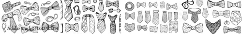 A set of bow tie and necktie doodles, featuring a black line art collection of collar ribbons, is showcased as a man's fashion accessory design in modern illustration