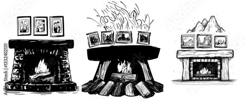 A hand drawn retro fireplace is depicted in a modern illustration set against a white background