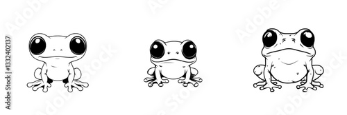 Black and white, modernly styled frog silhouette depicted on a white background