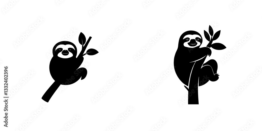 Obraz premium 1. A charming sloth perched on a tree branch. Featuring a vintage modern engraved illustration, this is a contour drawing, line art, and woodcut. Ideal as an icon, logo, or emblem