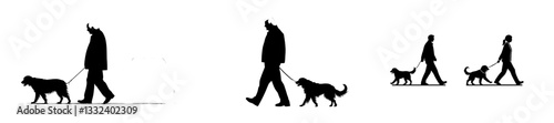 An isolated image of a man strolling beside his dog on a pure white backdrop