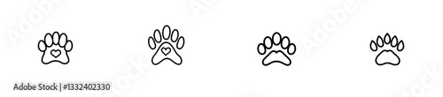 Modern, isolated single paw prints of a dog, cat, and bear, with a heart symbol, in colorless black and white, featuring an easy drawing contour line