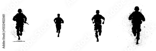 An illustration depicting a running soldier in a black and white style, set against a white background. Stock image