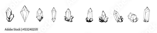 Crystal modern illustration set. Mineral, moonstone, quartz, diamond depicted as hand-drawn black doodles on a white background. Gemstone silhouette sketch