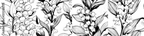 Modern hand drawn sketches of lily of the valley flowers create a seamless floral pattern, presented through botanical illustrations