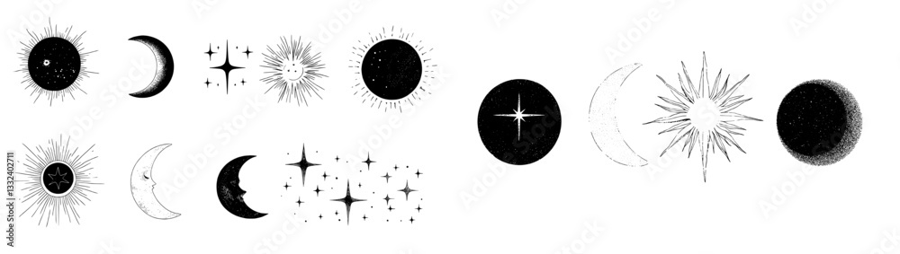 Fototapeta premium A boho line yoga logotype is incorporated into a sun logo, which also includes elements of the moon and sunset rays, reflecting a bohemian art style with a modern twist