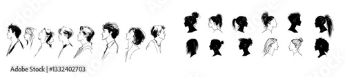 Captivating modern illustrations featuring a variety of head silhouettes, suitable for psychology, identity, and character study presentations. Each silhouette has a distinctive shape and size,