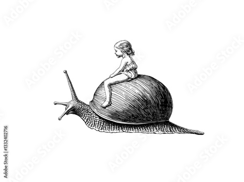 A small female child is perched on the shell of a snail, illustrated in a sleek modern outline with a classic retro feel, shown in isolation as a solitary object