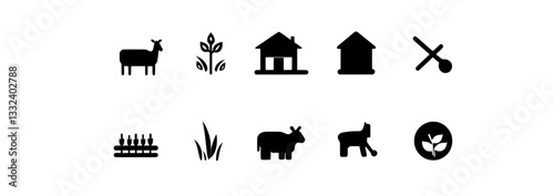 Farm glyph flat icons. Modern solid pictogram set featuring icons like farmer, tractor, crop field, windmill, harvest, plant growing, greenhouse, and silo silhouette illustration for agriculture