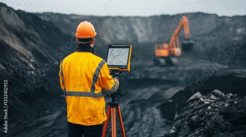 Surveyor at Coal Mine Working with Digital Tablet and Excavator