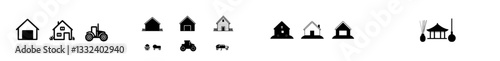 A barn farm icons collection featuring isolated silhouette solid icons such as storage, building, warehouse, and agriculture, along with barn outline icons. Simple modern illustration