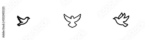 1. A modern, isolated, single, simple flying pigeon bird in side view, front view, rendered in black and white with an easy contour line