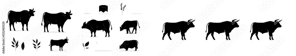 An illustrated collection of farm bulls and black silhouettes, isolated on a white backdrop. It embodies the idea of farm animals, domestic livestock, and a bull illustration within the framework of An illustrated collection of farm bulls and black silhouettes, isolated on a white backdrop. It embodies the idea of farm animals, domestic livestock, and a bull illustration within the framework of
