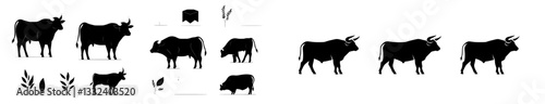 An illustrated collection of farm bulls and black silhouettes, isolated on a white backdrop. It embodies the idea of farm animals, domestic livestock, and a bull illustration within the framework of