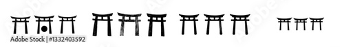 Asian religious symbols including Japanese torii gate in modern flat black monochrome silhouette illustration set