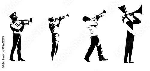 A modern illustration of a marching band musician silhouette set against a transparent background