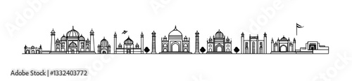 Delhi Cityscape featuring Historic Buildings Isolated on White, Seamless Pattern with Outline