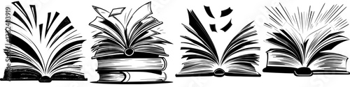 Icon of an open story book with a line design, featuring an outline of a hand-drawn vintage paper school notebook with turning pages in a side view, symbolizing reading literature and academic study