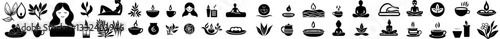 This icon set is centered around relaxation, featuring themes such as meditation, calmness, and serenity, as well as yoga, spa treatments, and self-care, including massage and a connection to nature
